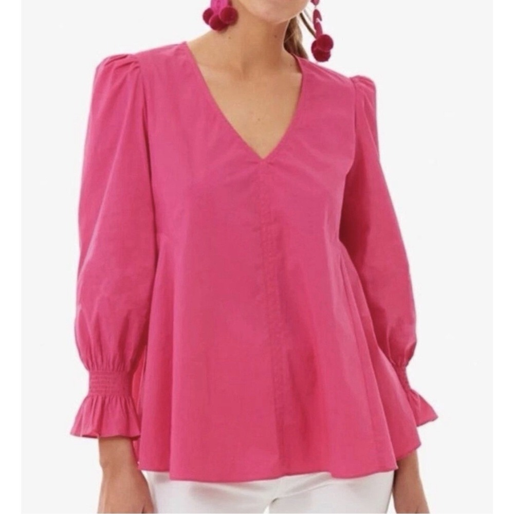 Tuckernuck Pomander Place Easton Blouse Sz M Fuchsia Pink Puff Sleeve Preppy